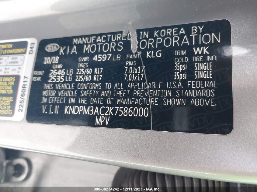 2019 KIA SPORTAGE LX - KNDPM3AC2K7583000