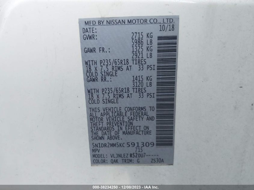 2019 NISSAN PATHFINDER SV - 5N1DR2MM5KC591309