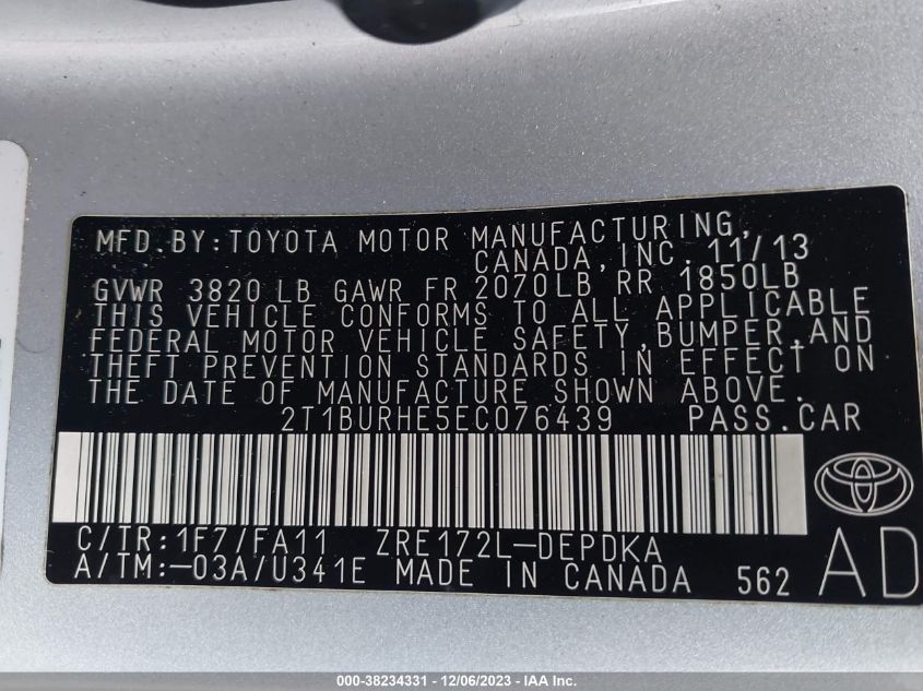 2014 TOYOTA COROLLA L/LE/LE PLS/PRM/S/S PLS - 2T1BURHE5EC076439