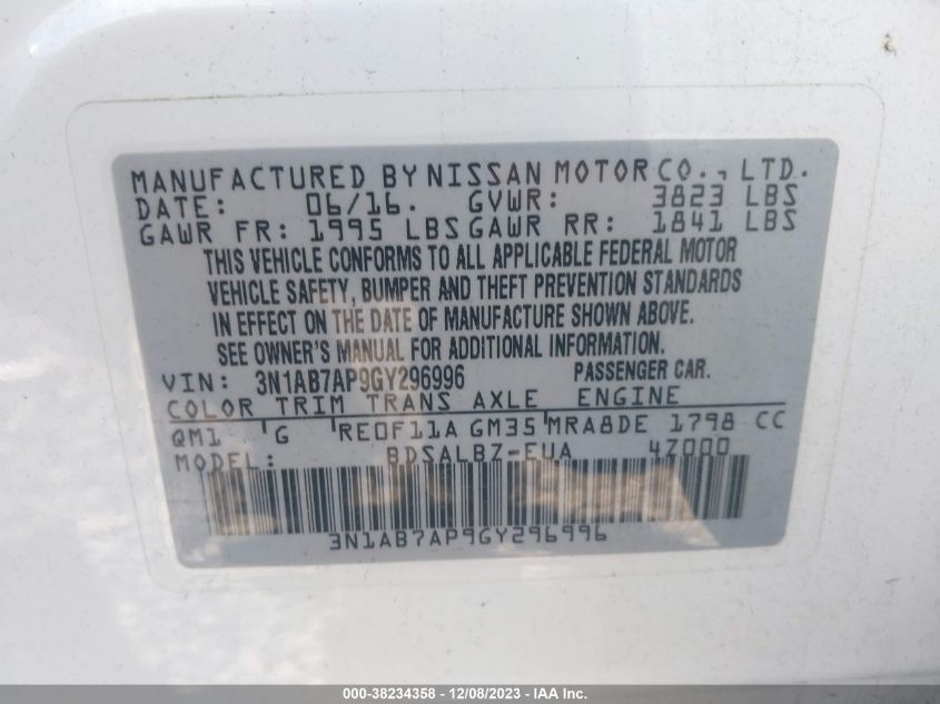 2016 NISSAN SENTRA S - 3N1AB7AP9GY296996