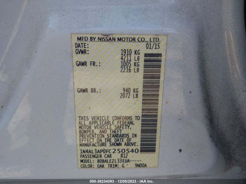 2015 NISSAN ALTIMA 2.5/S/SV/SL - 1N4AL3AP0FC250540