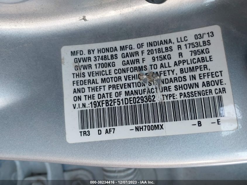 2013 HONDA CIVIC LX - 19XFB2F51DE029362