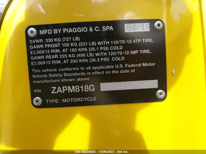 2015 VESPA SPRINT 150 3V ZAPM818G7F5401217