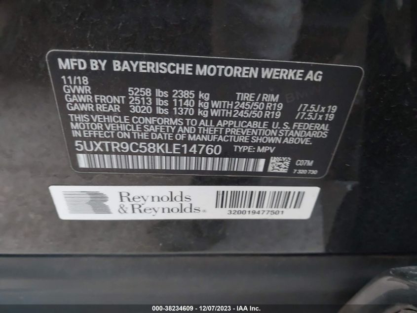 5UXTR9C58KLE14760 2019 BMW X3, photo no. 9