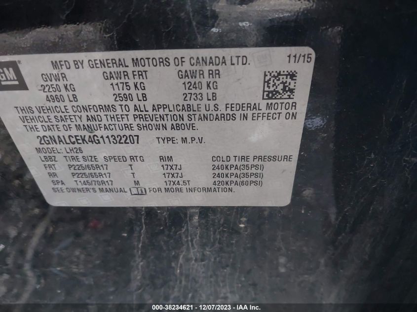 2016 CHEVROLET EQUINOX LT - 2GNALCEK4G1132207