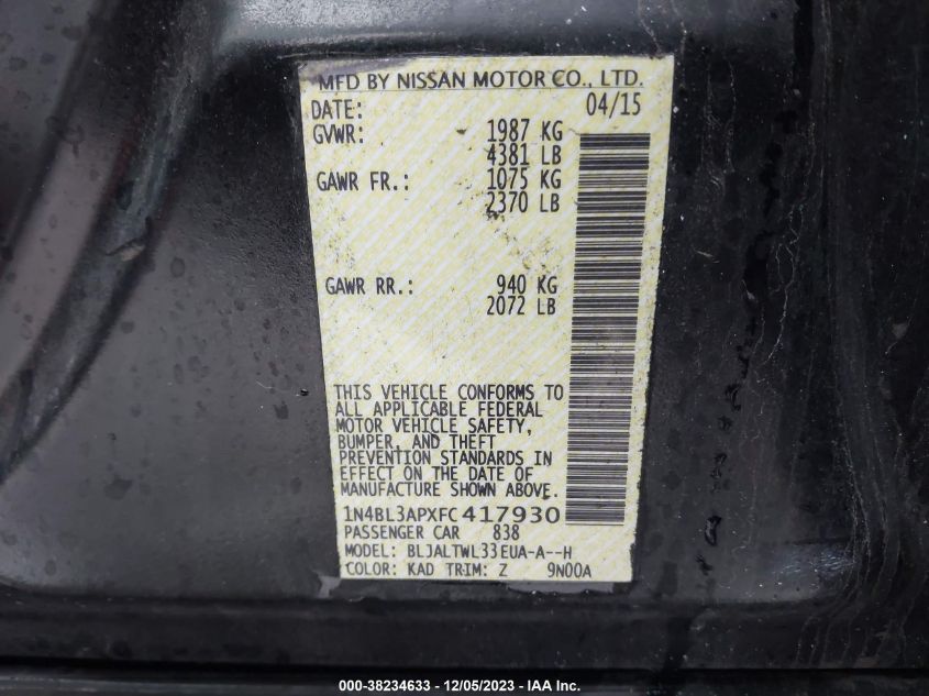 2015 NISSAN ALTIMA 3.5S/3.5SV/3.5SL - 1N4BL3APXFC417930
