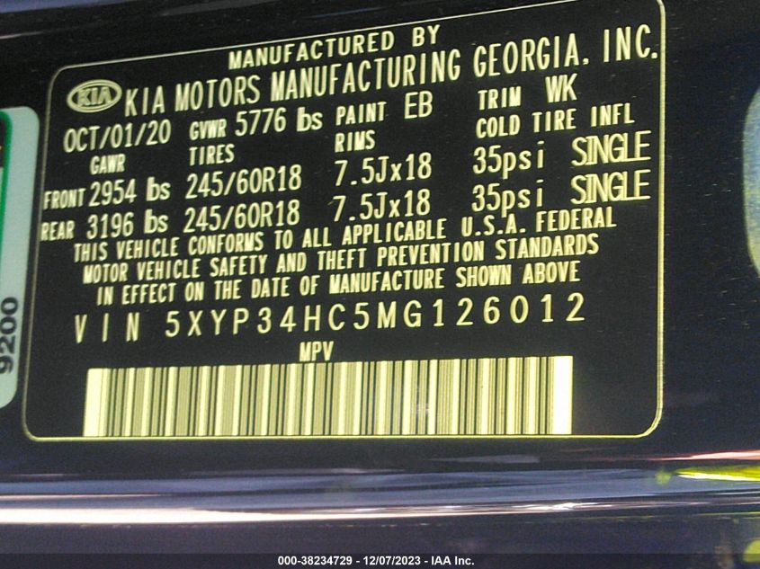 2021 KIA TELLURIDE EX - 5XYP34HC5MG126012