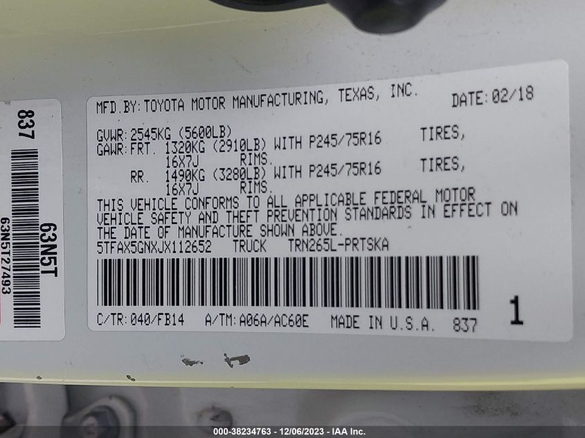 2018 TOYOTA TACOMA DOUBLE CAB/SR/SR5 - 5TFAX5GNXJX112652