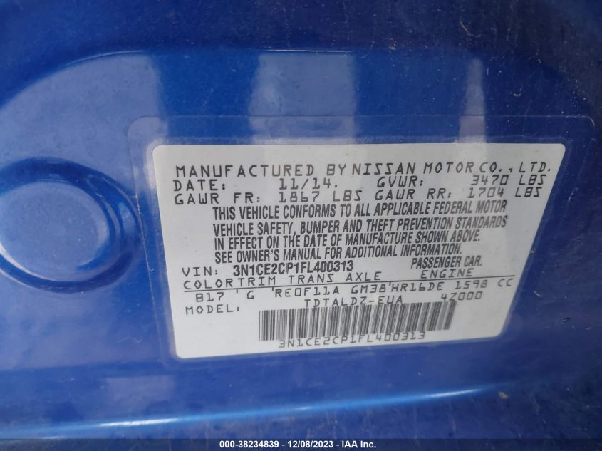 2015 NISSAN VERSA NOTE S/S PLUS/SV/SL/SR - 3N1CE2CP1FL400313