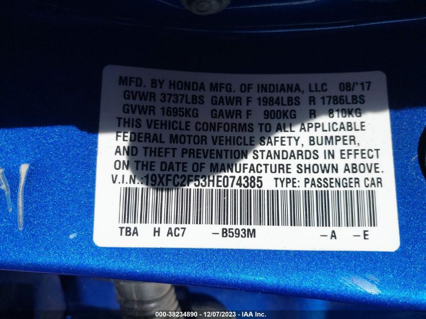 2017 HONDA CIVIC LX - 19XFC2F53HE074385