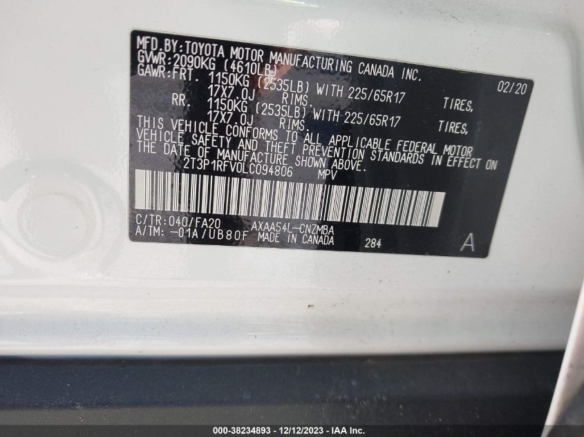 2020 TOYOTA RAV4 XLE - 2T3P1RFV0LC094806