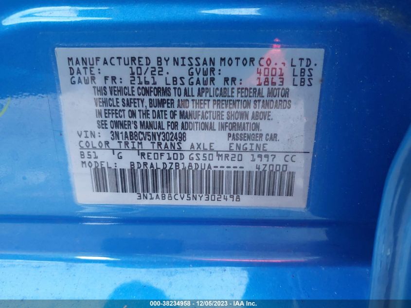 2022 NISSAN SENTRA SV - 3N1AB8CV5NY302498