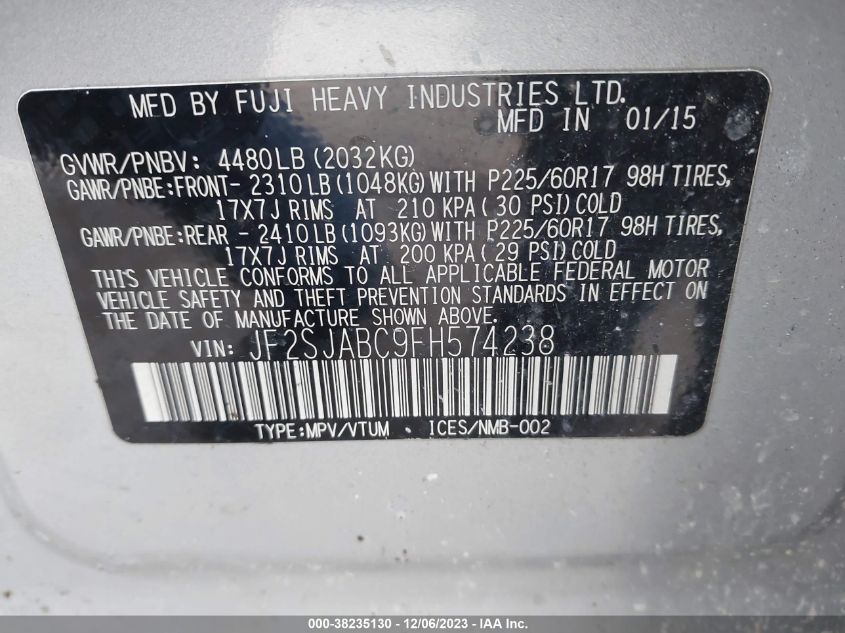 2015 SUBARU FORESTER 2.5I - JF2SJABC9FH574238