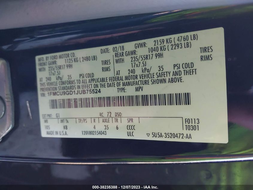 2018 FORD ESCAPE SE - 1FMCU9GD1JUB75524