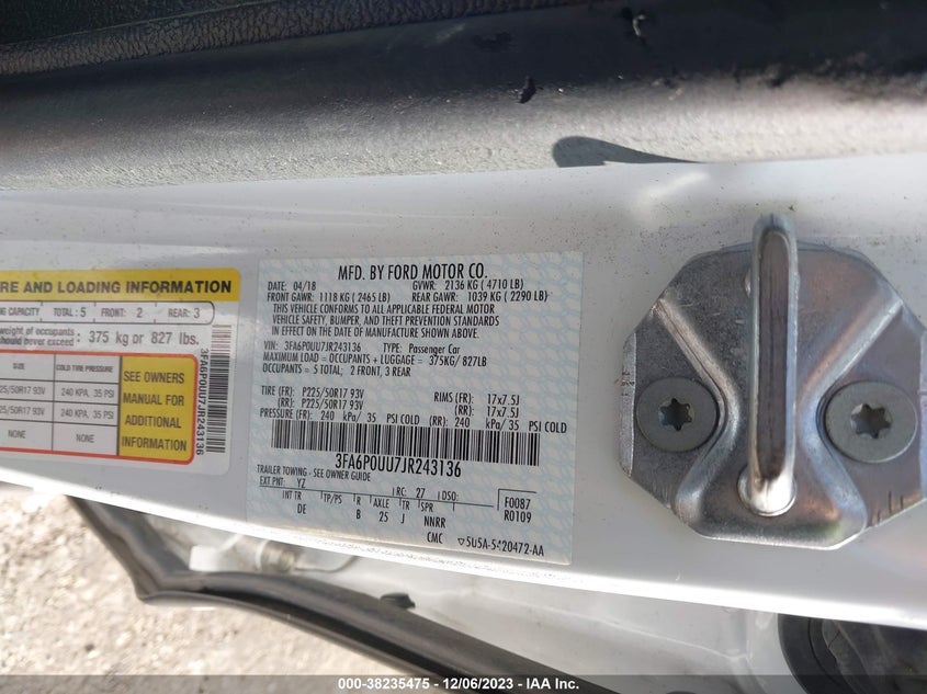 VIN 3FA6P0UU7JR243136 2018 FORD FUSION HYBRID S