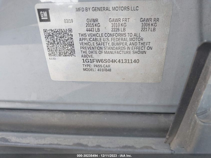 2019 CHEVROLET BOLT EV LT - 1G1FW6S04K4131140