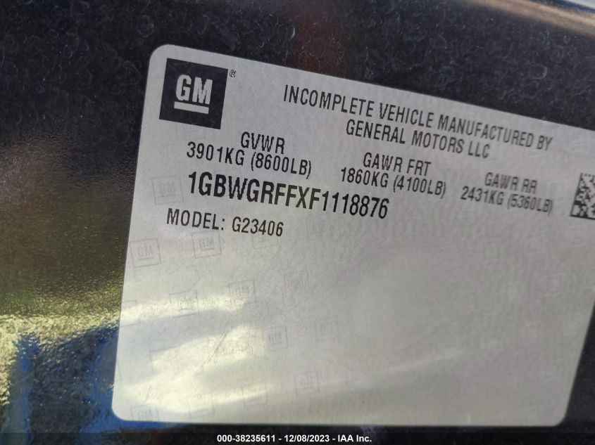 2015 CHEVROLET EXPRESS 2500 LT 1GBWGRFFXF1118876