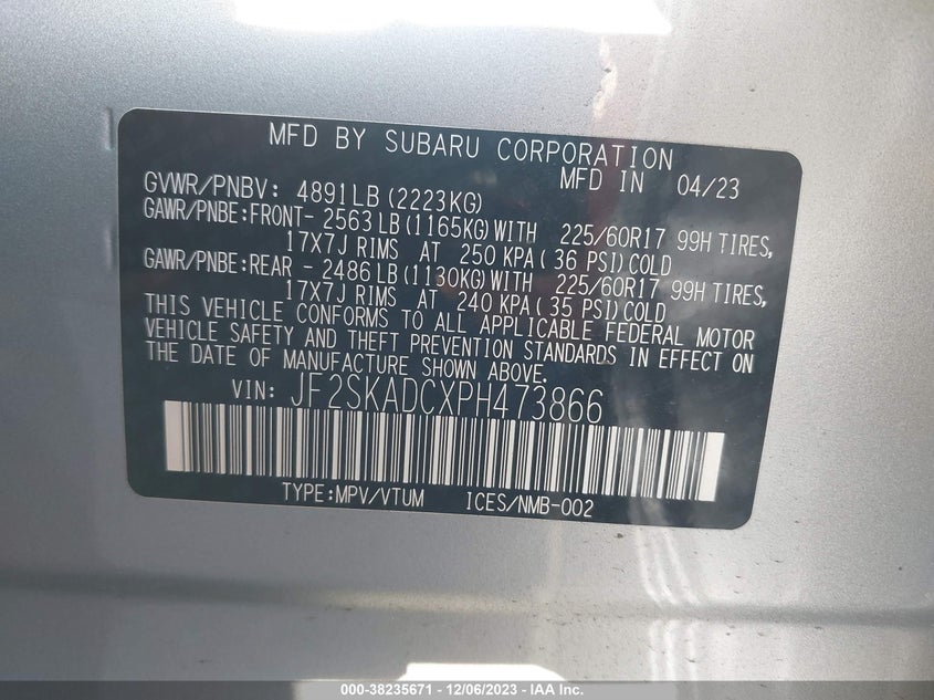 VIN JF2SKADCXPH473866 2023 SUBARU FORESTER PREMIUM