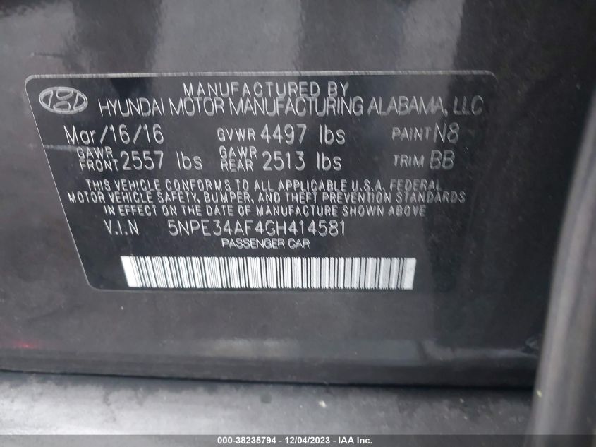 2016 HYUNDAI SONATA LIMITED - 5NPE34AF4GH414581