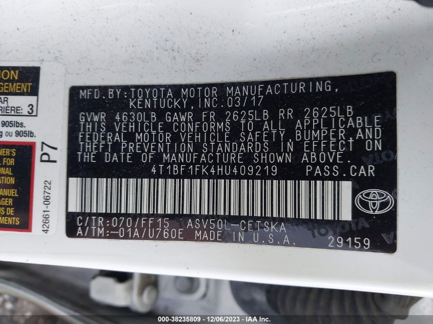 2017 TOYOTA CAMRY SE - 4T1BF1FK4HU409219