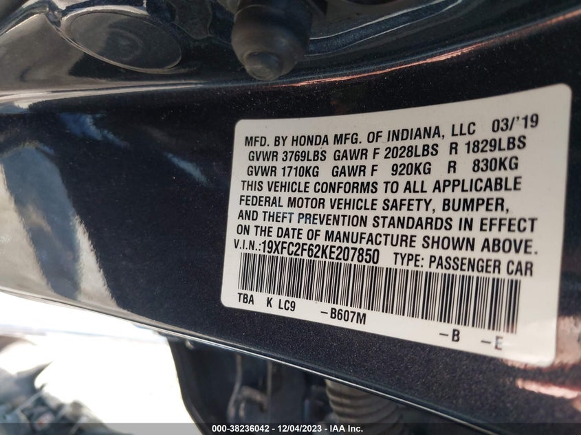 VIN 19XFC2F62KE207850 2019 HONDA CIVIC LX