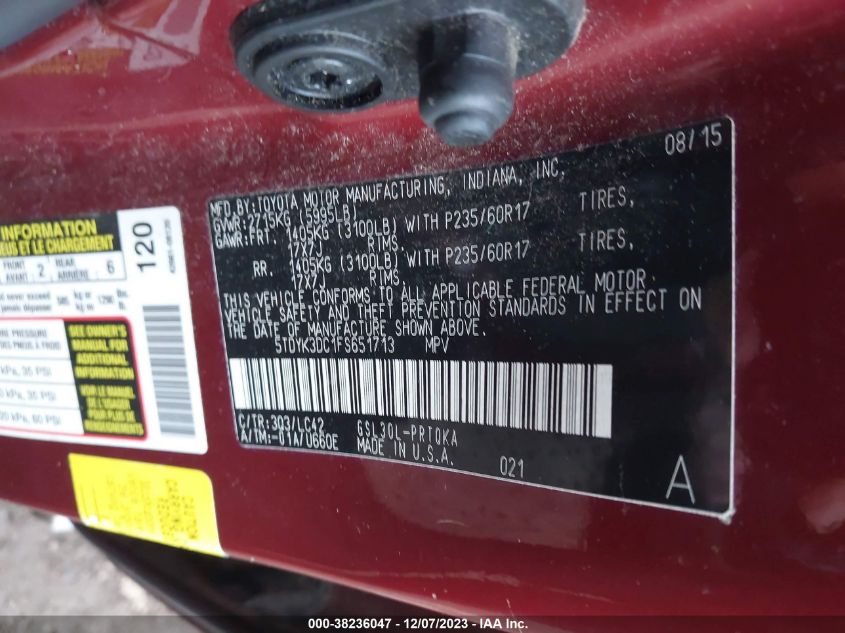 2015 TOYOTA SIENNA XLE/LIMITED - 5TDYK3DC1FS651713