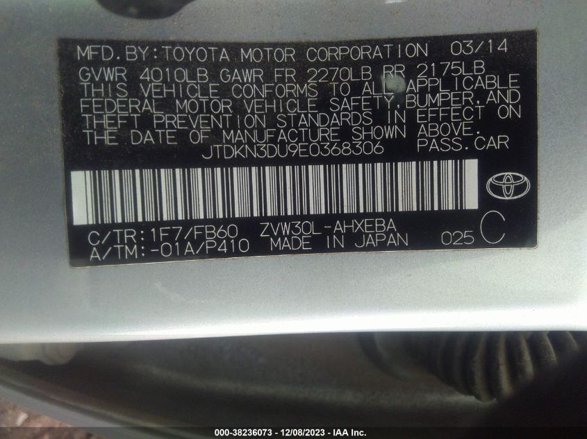 2014 TOYOTA PRIUS - JTDKN3DU9E0368306