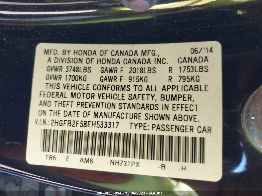 2014 HONDA CIVIC  LX - 2HGFB2F58EH533317