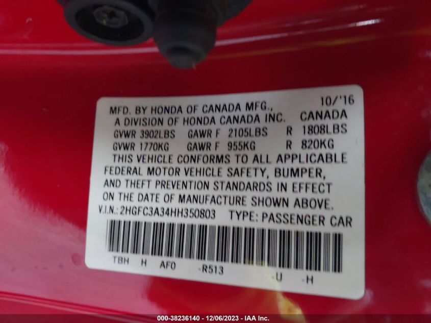 2017 HONDA CIVIC EX - 2HGFC3A34HH350803