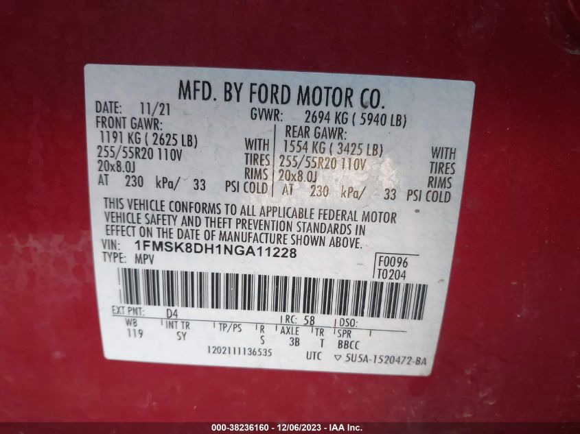2022 FORD EXPLORER XLT - 1FMSK8DH1NGA11228