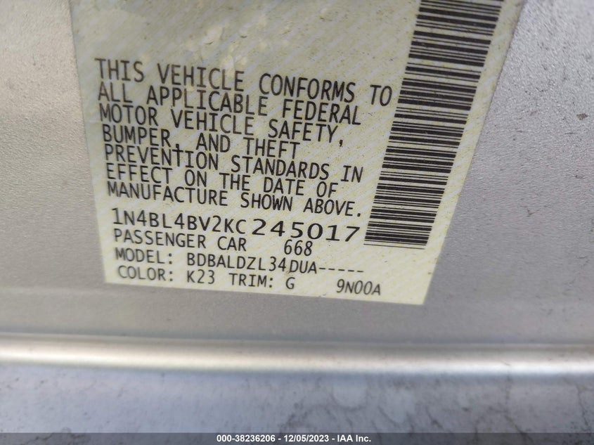 VIN 1N4BL4BV2KC245017 2019 NISSAN ALTIMA S