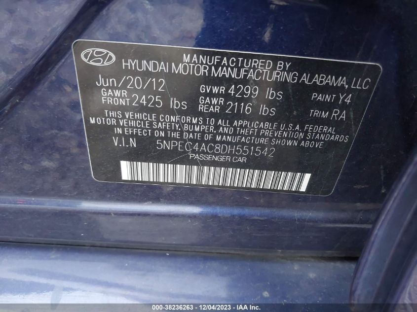 VIN 5NPEC4AC8DH551542 2013 HYUNDAI SONATA no.9