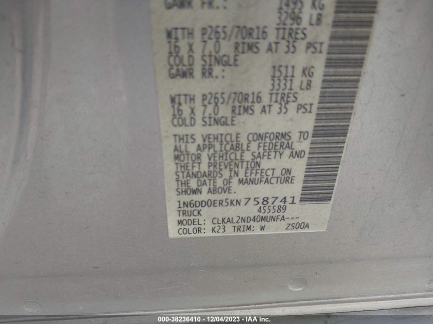2019 NISSAN FRONTIER SV - 1N6DD0ER5KN758741