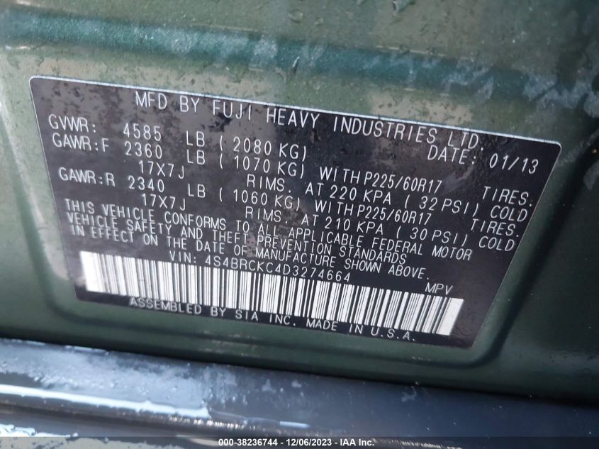 2013 SUBARU OUTBACK 2.5I LIMITED - 4S4BRCKC4D3274664
