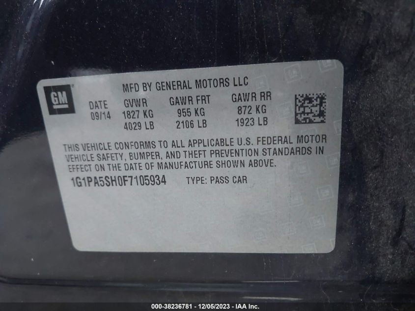 2015 CHEVROLET CRUZE LS AUTO - 1G1PA5SH0F7105934