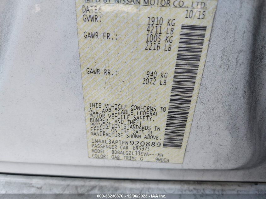 2015 NISSAN ALTIMA 2.5 S - 1N4AL3AP1FN920889