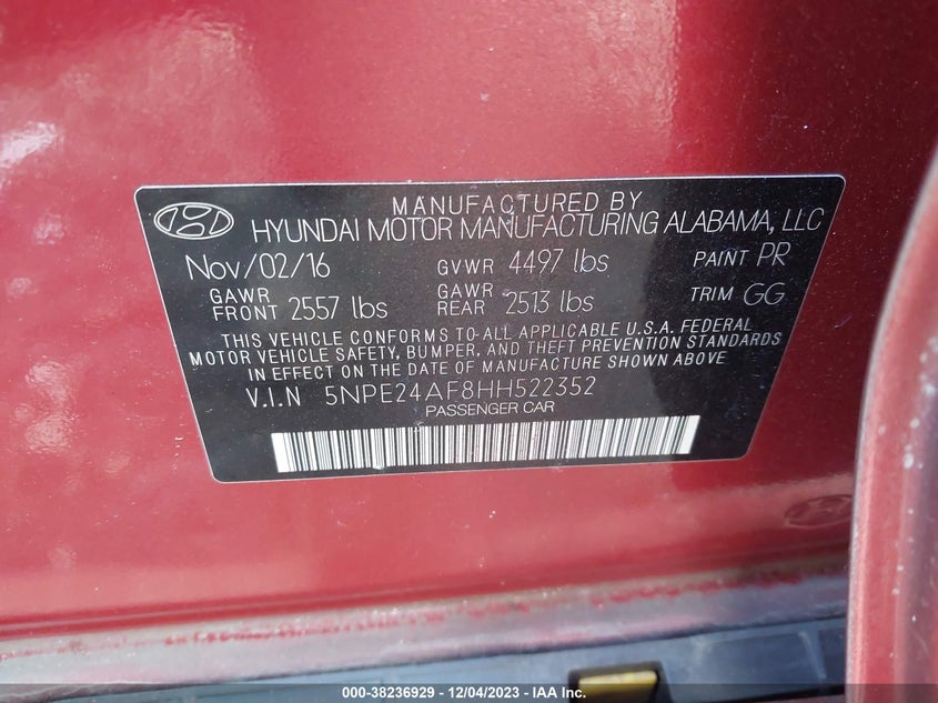 VIN 5NPE24AF8HH522352 2017 HYUNDAI SONATA SE