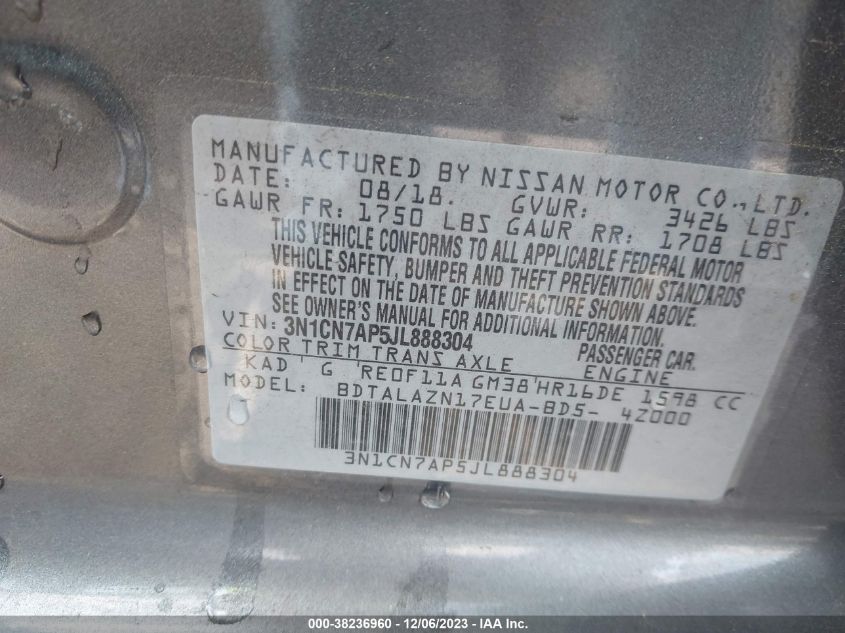 2018 NISSAN VERSA - 3N1CN7AT5JL888304