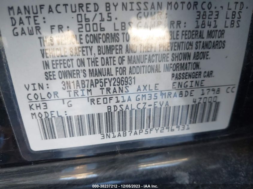 2015 NISSAN SENTRA S - 3N1AB7AP5FY296931