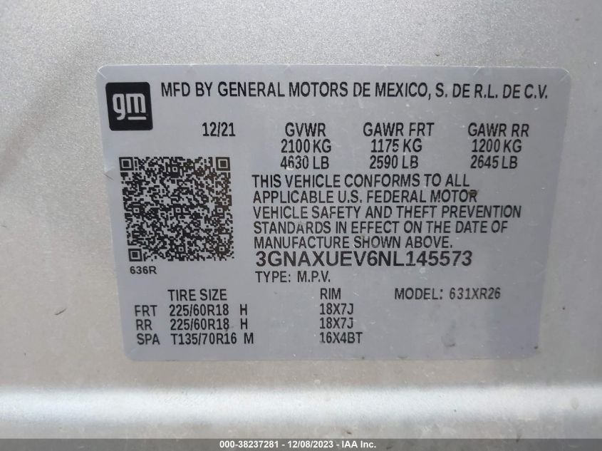 2022 CHEVROLET EQUINOX LT - 3GNAXUEV6NL145573