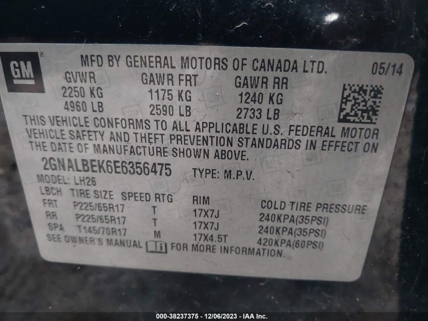 2014 CHEVROLET EQUINOX LT - 2GNALBEK6E6356475