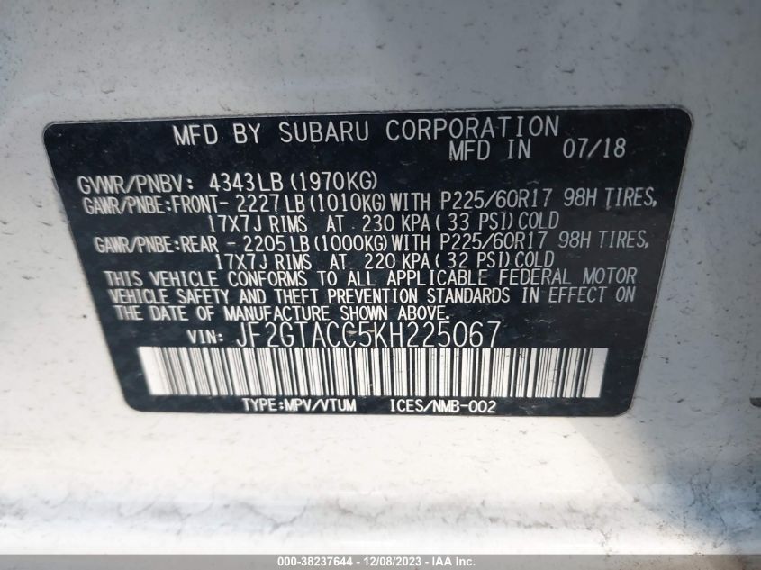 2019 SUBARU CROSSTREK 2.0I PREMIUM - JF2GTACC5KH225067