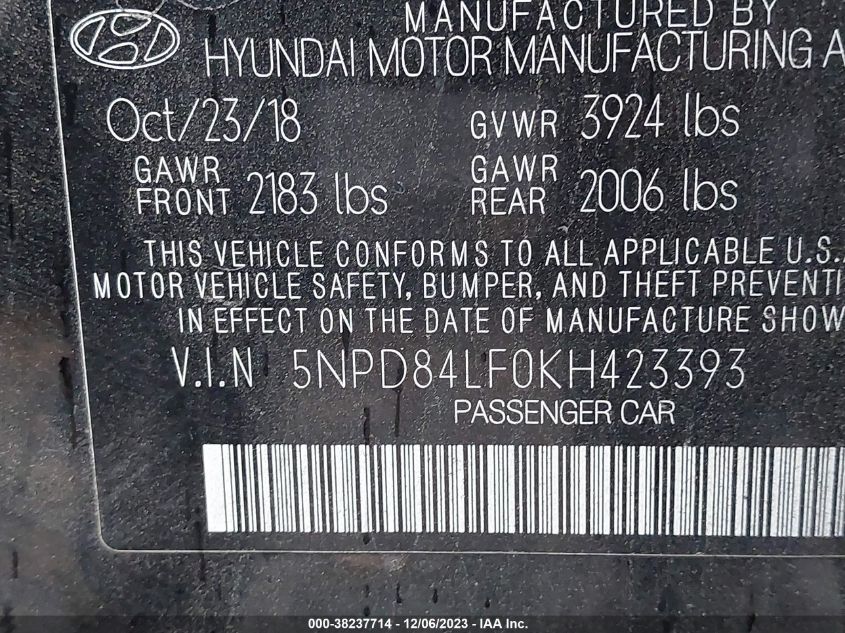 2019 HYUNDAI ELANTRA SEL/VALUE/LIMITED - 5NPD84LF0KH423393