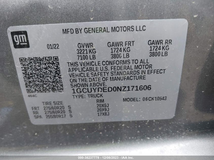 2022 CHEVROLET SILVERADO 1500 LTD 1GCUYDED0NZ171606