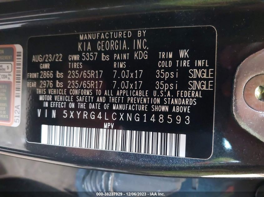 2022 KIA SORENTO LX - 5XYRG4LCXNG148593