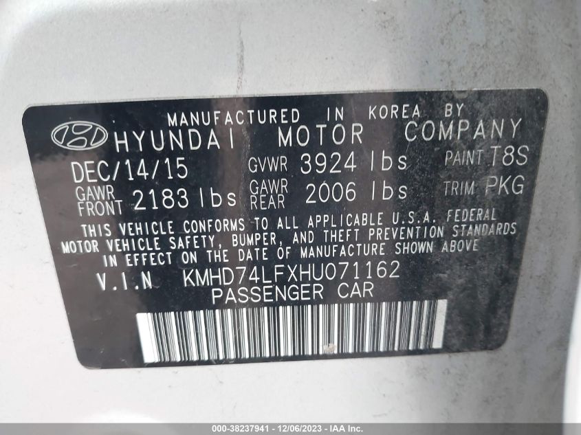 2017 HYUNDAI ELANTRA SE - KMHD74LFXHU071162