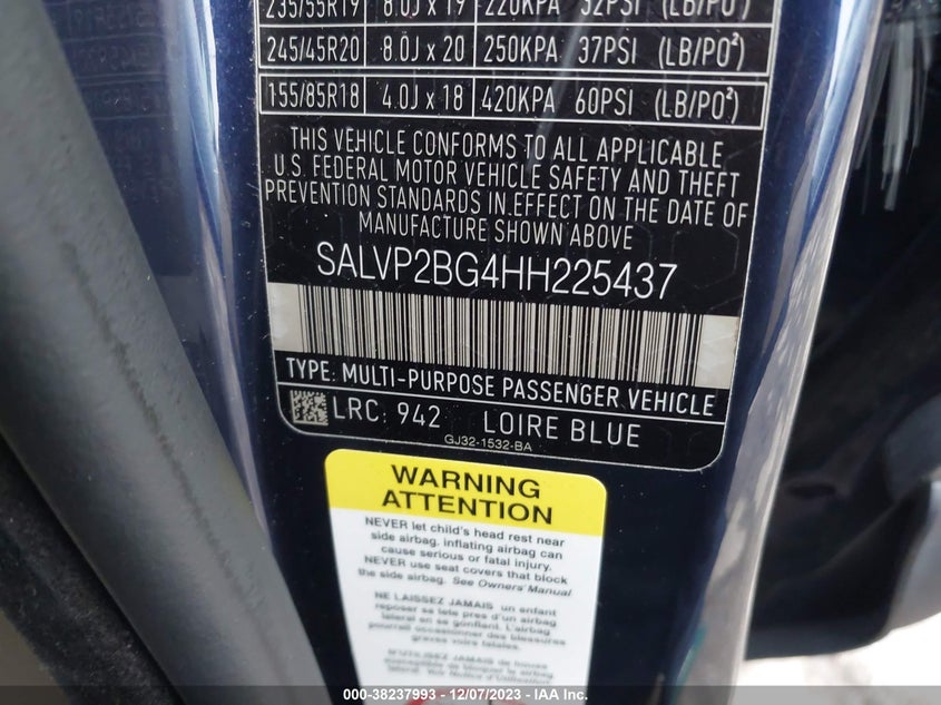 VIN SALVP2BG4HH225437 2017 LAND ROVER RANGE ROVER EVOQUE SE