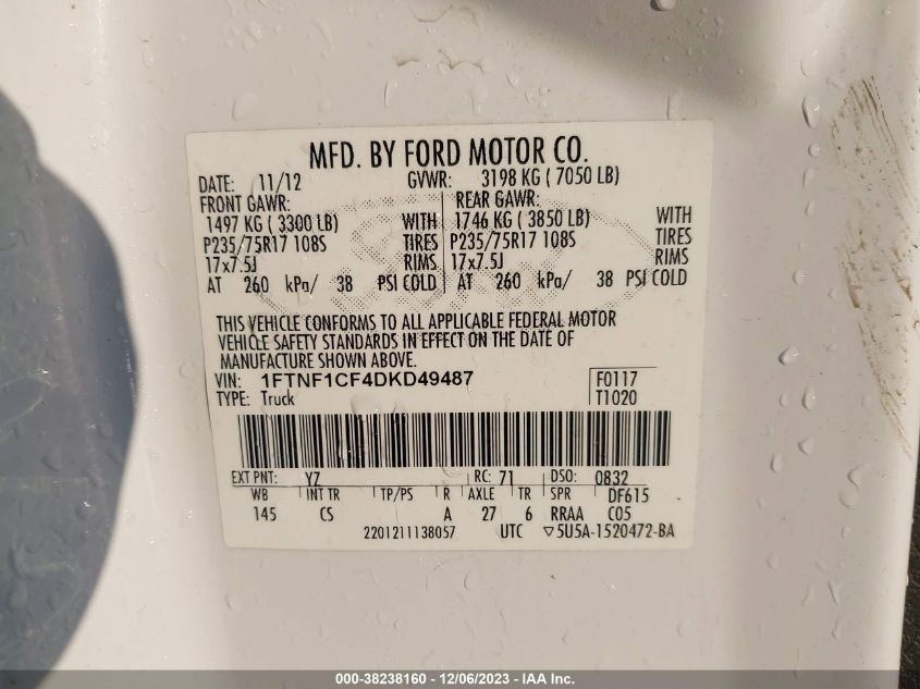 2013 FORD F-150 XL - 1FTNF1CF4DKD49487