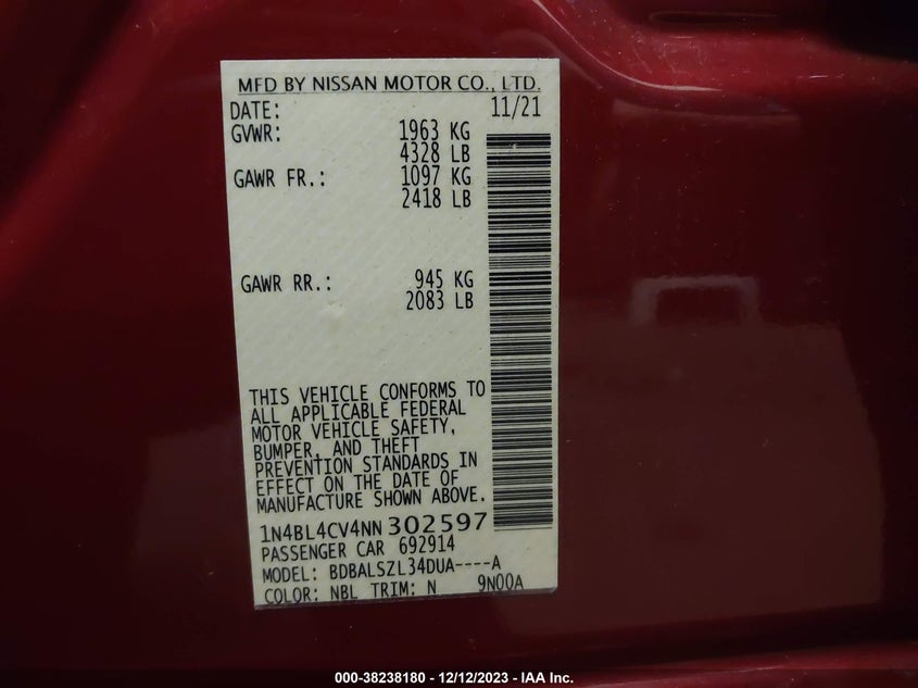 VIN 1N4BL4CV4NN302597 2022 NISSAN ALTIMA SR FWD