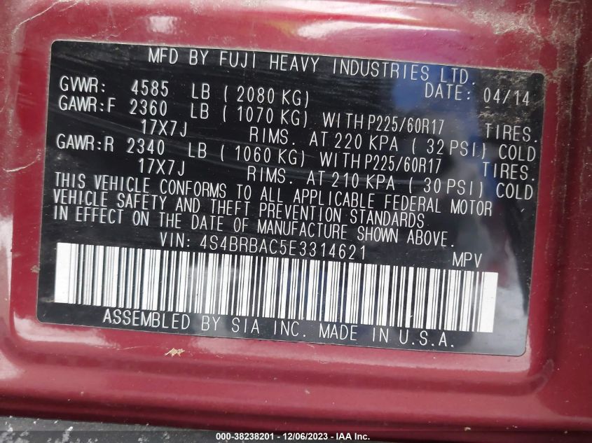 2014 SUBARU OUTBACK 2.5I - 4S4BRBAC5E3314621